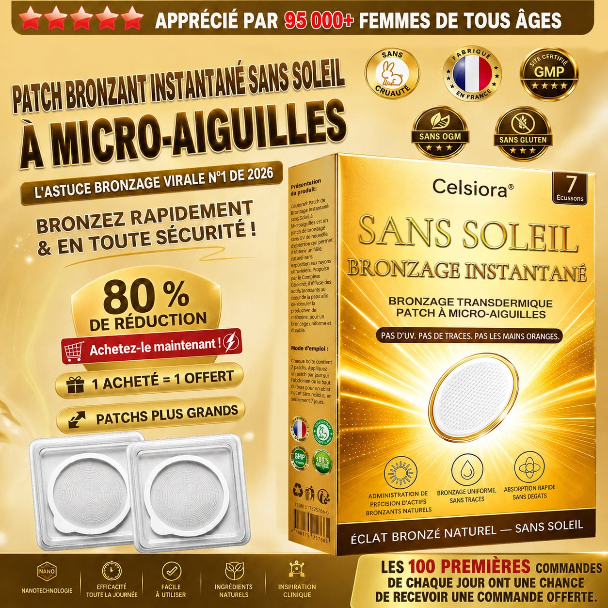 Boutique Officielle | ☀️☀️ Celsiora® Patch Bronzant Instantané Sans Soleil à Micro-Aiguilles 🇫🇷 (Une seule fois par jour) Hâle bronzé visible en 7 jours ✅ Sans UV, sans effet orange, sans traces, sans DHA, sans application salissante.