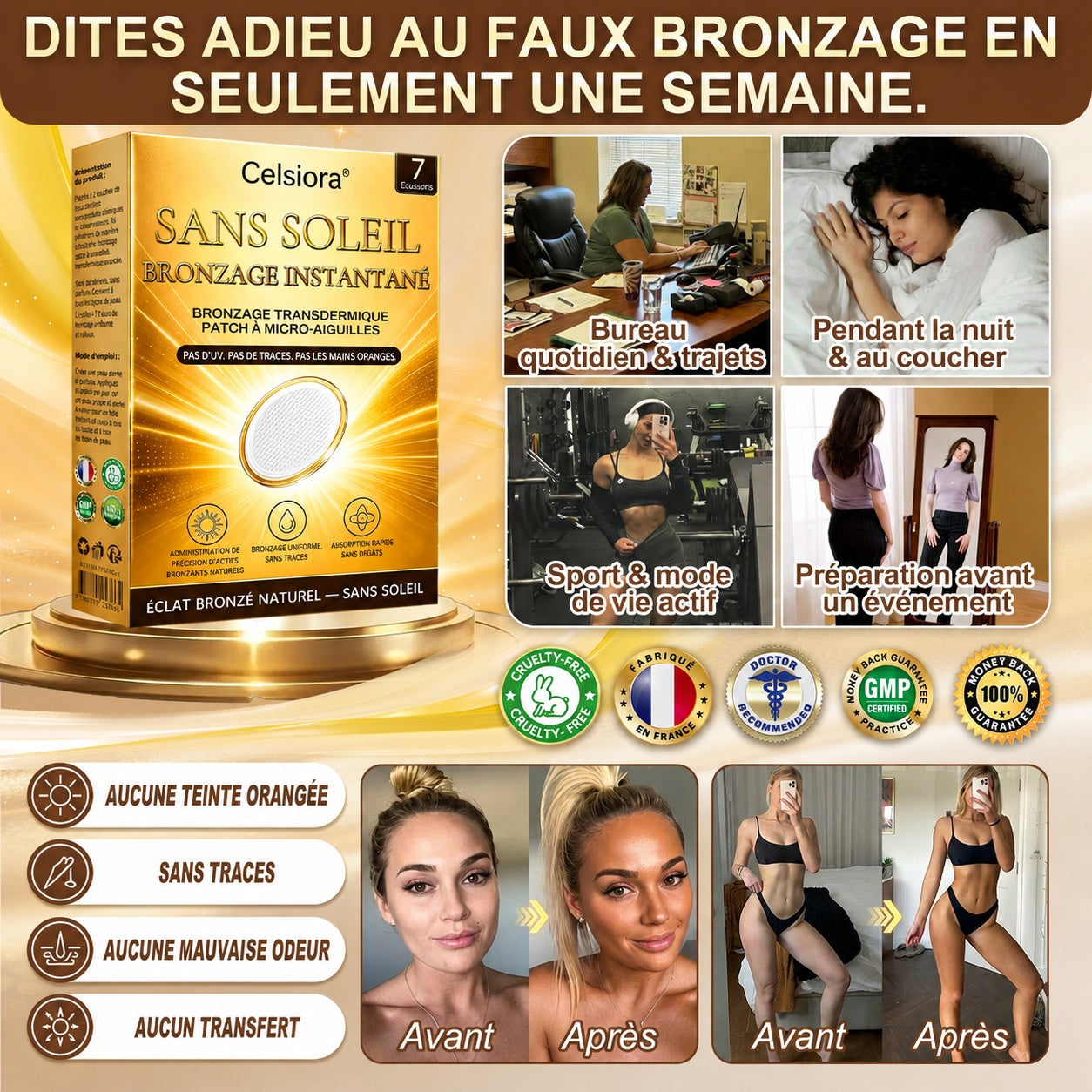 Boutique Officielle | ☀️☀️ Celsiora® Patch Bronzant Instantané Sans Soleil à Micro-Aiguilles 🇫🇷 (Une seule fois par jour) Hâle bronzé visible en 7 jours ✅ Sans UV, sans effet orange, sans traces, sans DHA, sans application salissante.