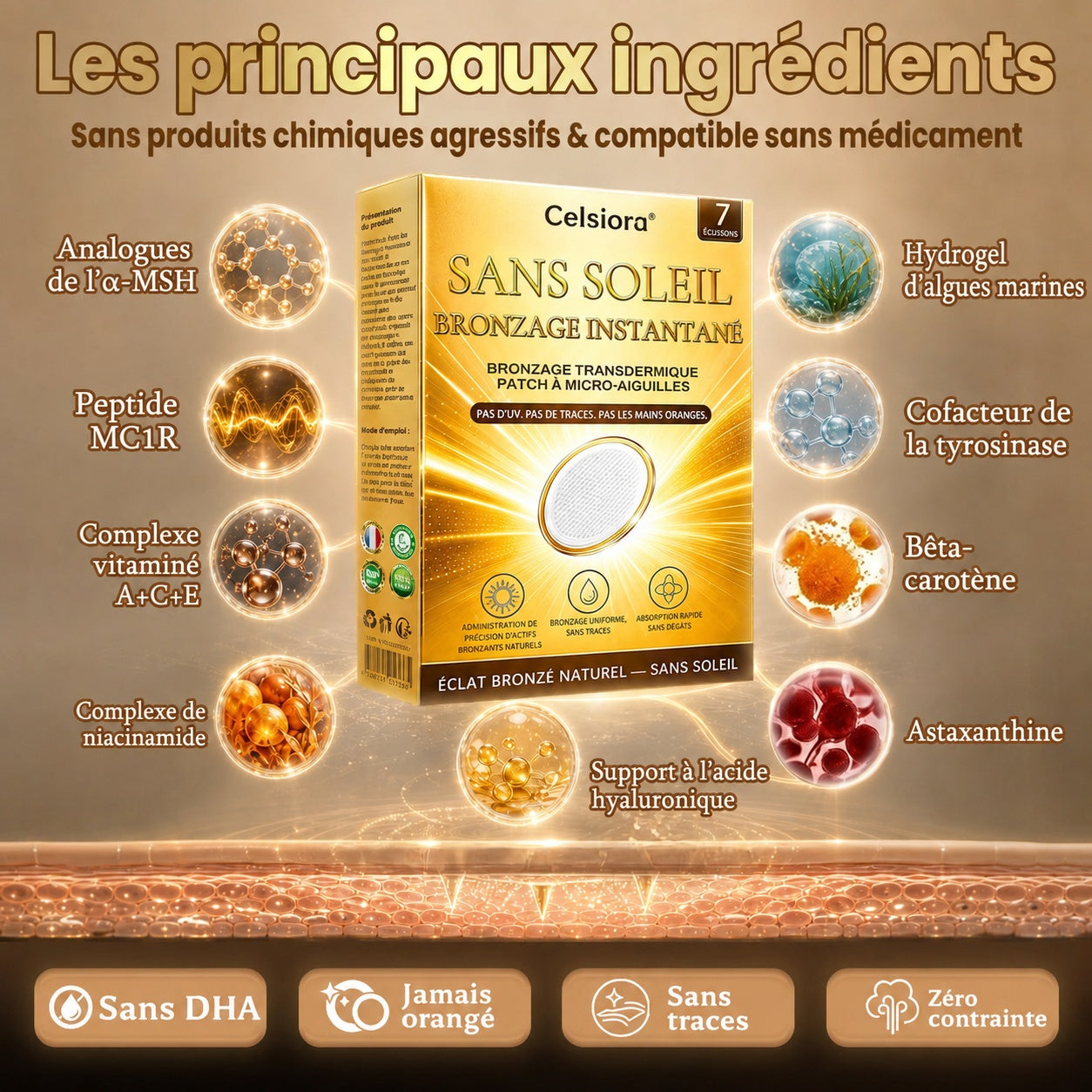 Boutique Officielle | ☀️☀️ Celsiora® Patch Bronzant Instantané Sans Soleil à Micro-Aiguilles 🇫🇷 (Une seule fois par jour) Hâle bronzé visible en 7 jours ✅ Sans UV, sans effet orange, sans traces, sans DHA, sans application salissante.