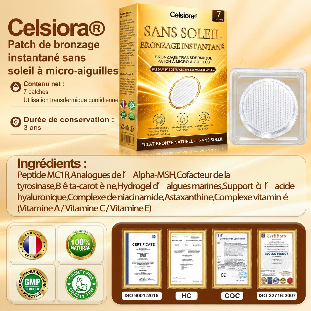Boutique Officielle | ☀️☀️ Celsiora® Patch Bronzant Instantané Sans Soleil à Micro-Aiguilles 🇫🇷 (Une seule fois par jour) Hâle bronzé visible en 7 jours ✅ Sans UV, sans effet orange, sans traces, sans DHA, sans application salissante.