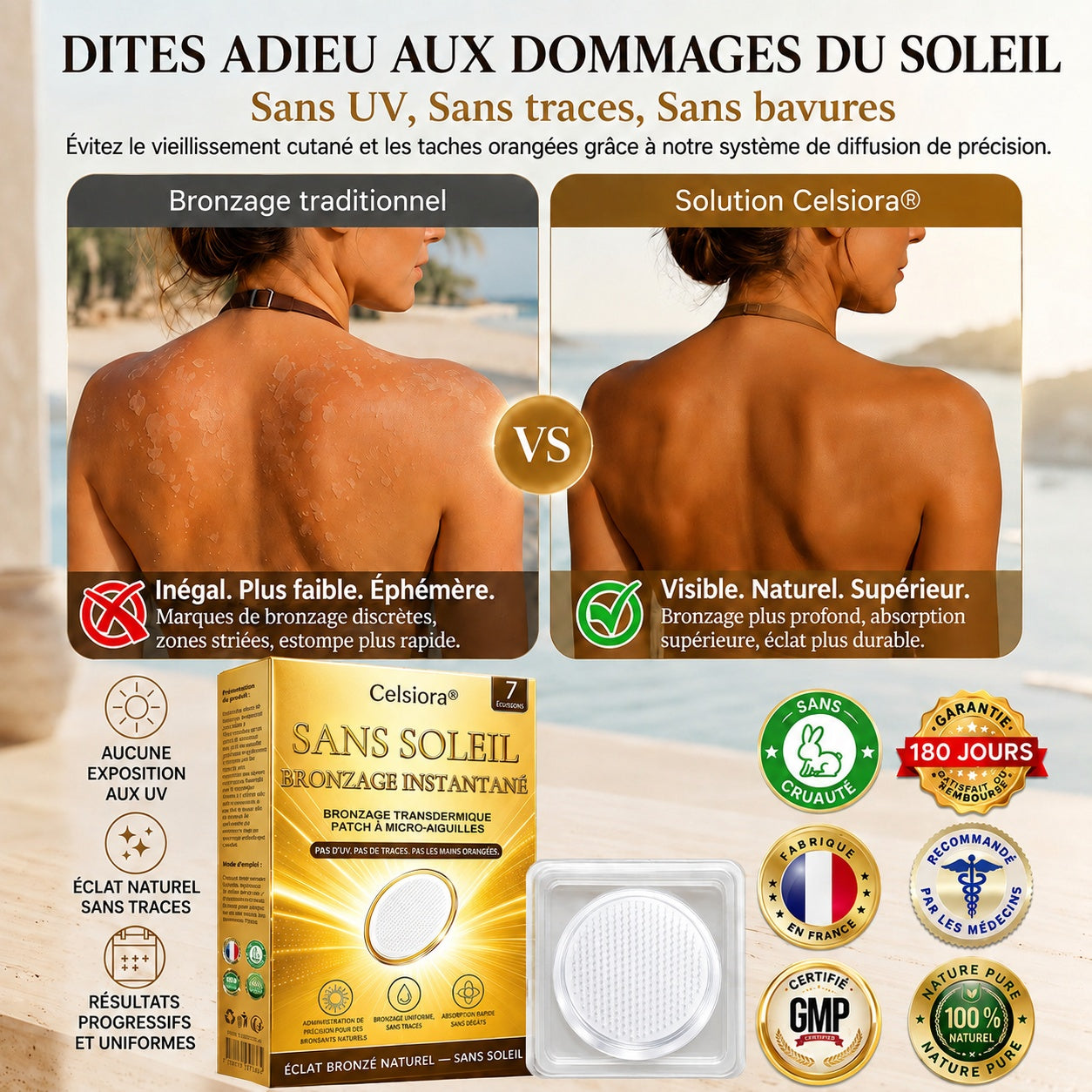 Boutique Officielle | ☀️☀️ Celsiora® Patch Bronzant Instantané Sans Soleil à Micro-Aiguilles 🇫🇷 (Une seule fois par jour) Hâle bronzé visible en 7 jours ✅ Sans UV, sans effet orange, sans traces, sans DHA, sans application salissante.